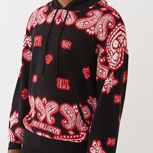 TRUE RELIGION MEN"S BLACK RED and WHITE  BANDANA KNITTED HOODIE SWEATER  NWT